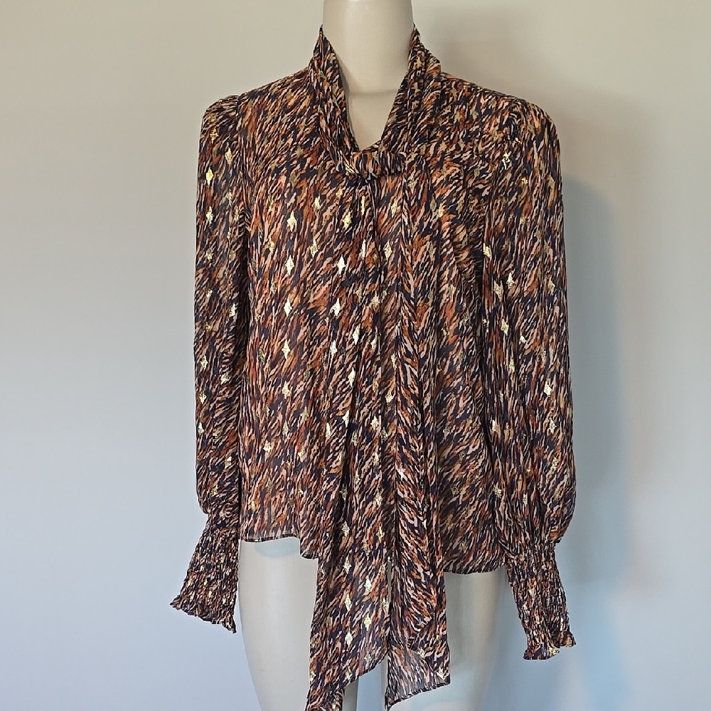 Vince Camuto brown/navy metallic fleck abstract print bow blouse-S